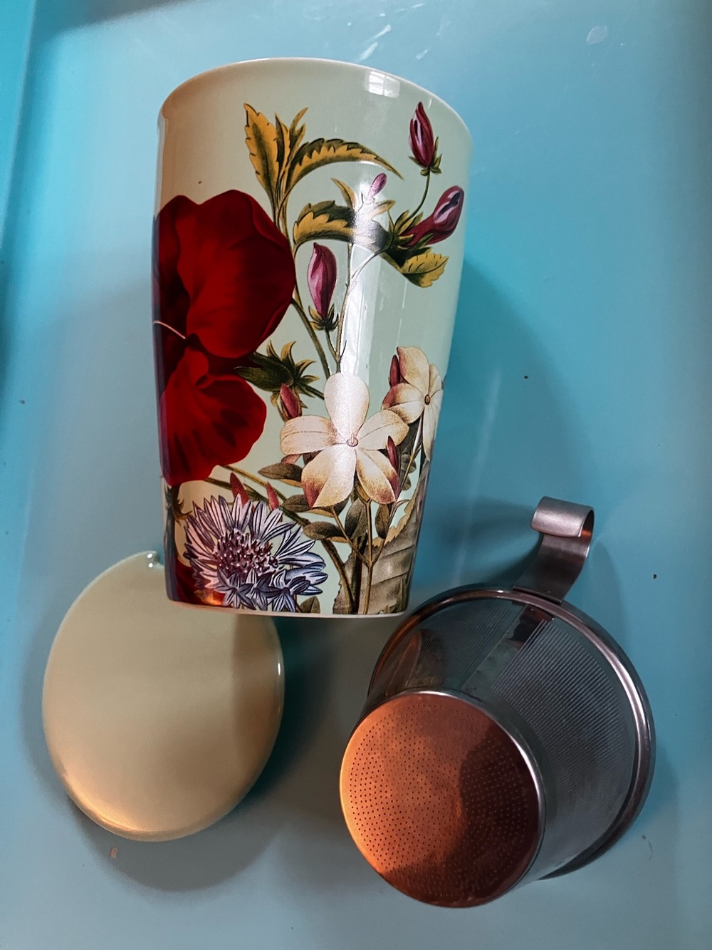 Tea Forte Floral Ceramic Tea Mug with Infuser and Lid / pre-owned